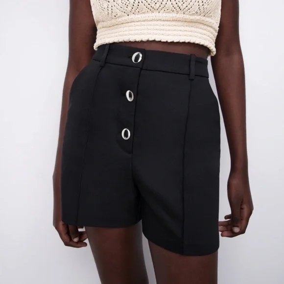 Zara Black High Waisted Shorts with gold buttons NWT - Picture 4 of 7